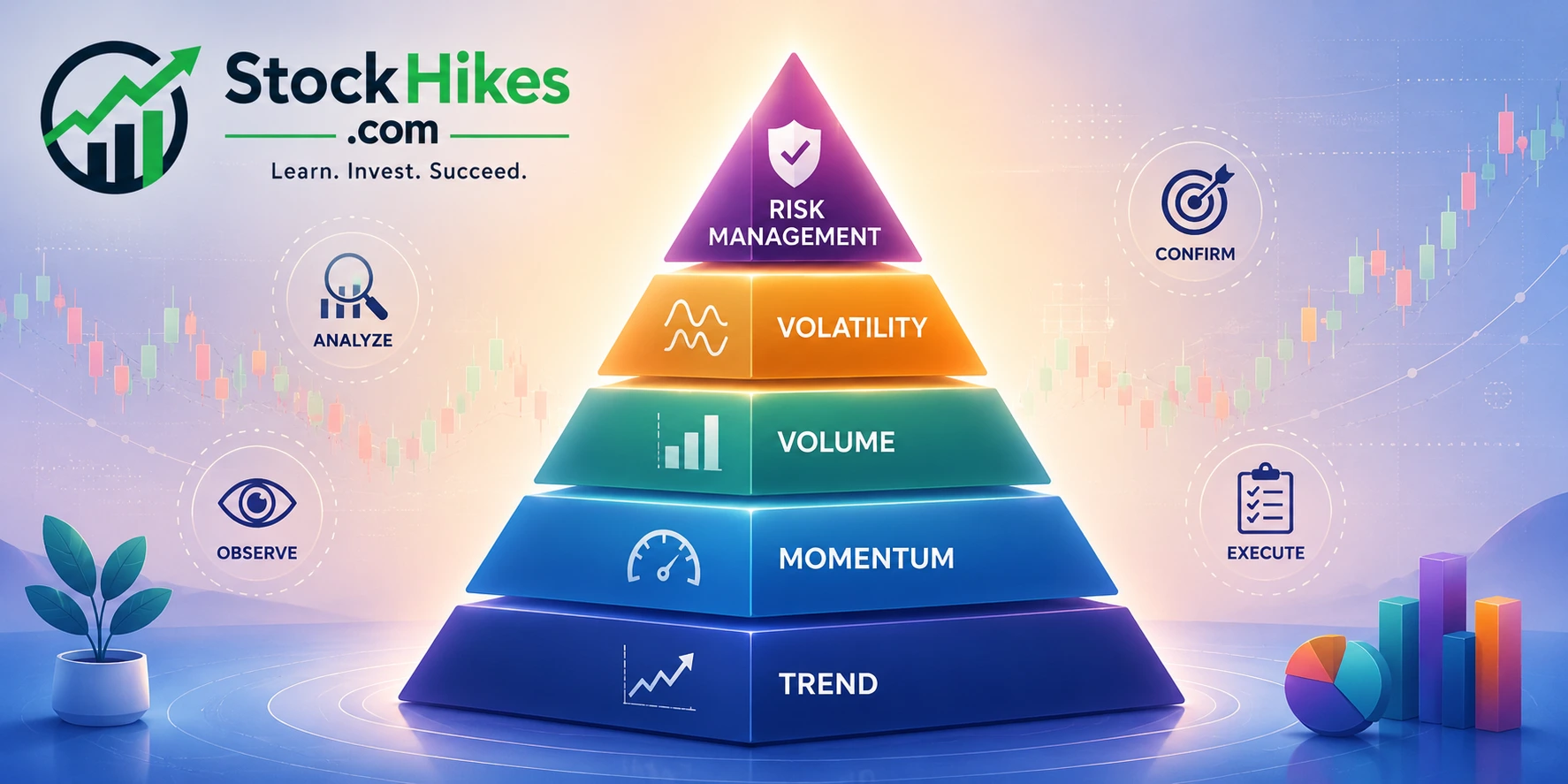 No Single Best Indicator for Options Trading illustrated through a five-level evidence pyramid featuring trend, momentum, volume, volatility, and risk management.