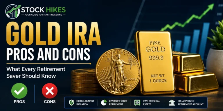 Gold IRA pros and cons illustration with gold bars, coins, retirement investment chart, and Stock Hikes logo