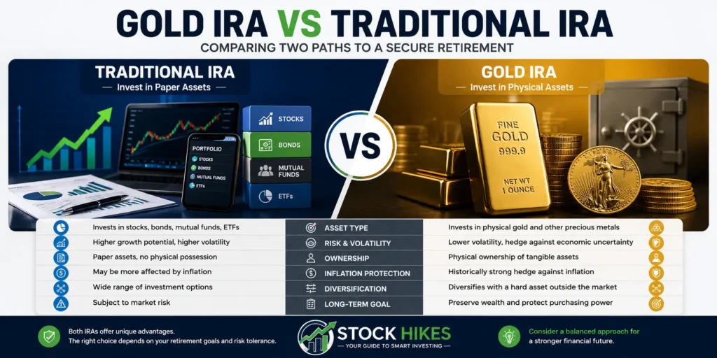 Gold IRA vs Traditional IRA comparison infographic showing physical gold investments versus stocks, bonds, ETFs, and mutual funds