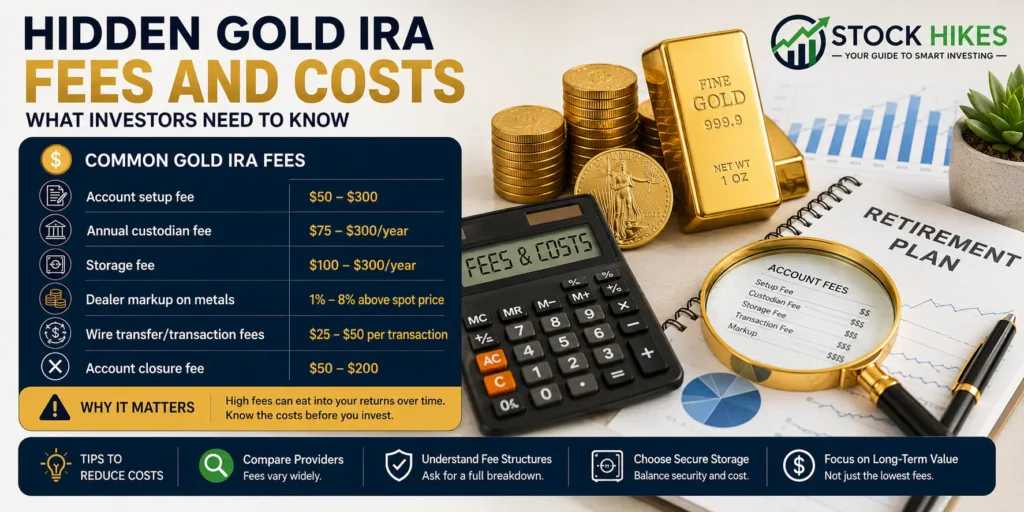 Gold IRA fees and costs infographic showing setup fees, storage fees, custodian fees, and retirement investment planning