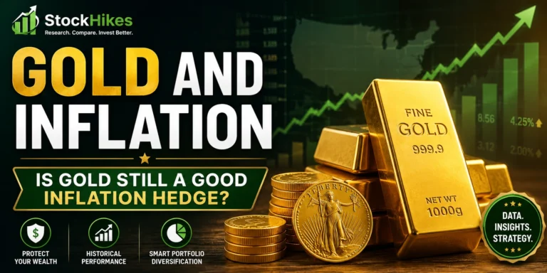 Gold bars and coins with rising market chart illustrating how gold performs as an inflation hedge and wealth protection asset.