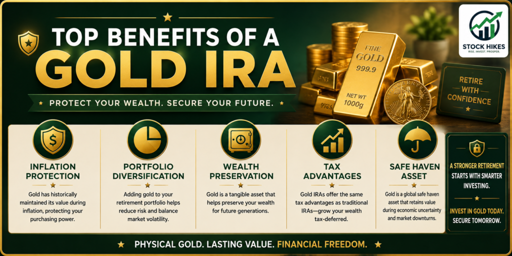 Gold IRA benefits infographic showing inflation protection, portfolio diversification, wealth preservation, tax advantages, and safe haven investing with gold bars, coins, and Stock Hikes branding