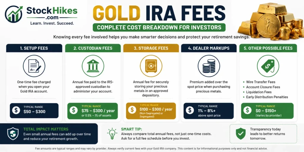 Gold IRA fees infographic showing setup fees, custodian fees, storage costs, dealer markups, and other Gold IRA expenses
