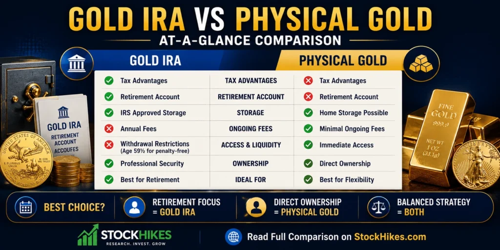 Gold IRA vs Physical Gold comparison infographic showing tax advantages, storage options, liquidity, ownership, fees, and retirement benefits.