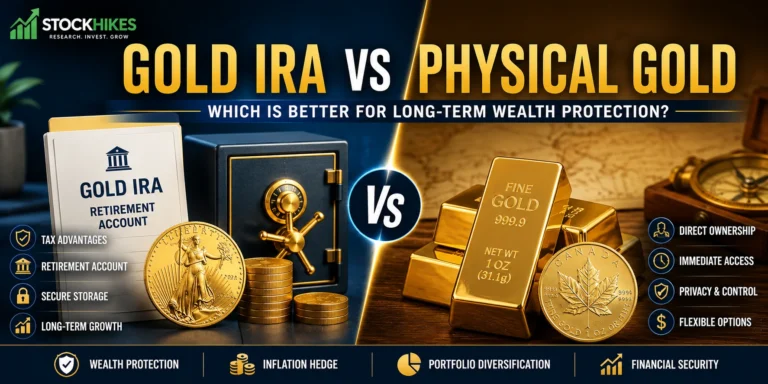 Gold IRA vs Physical Gold comparison showing retirement benefits, tax advantages, storage options, and wealth protection strategies