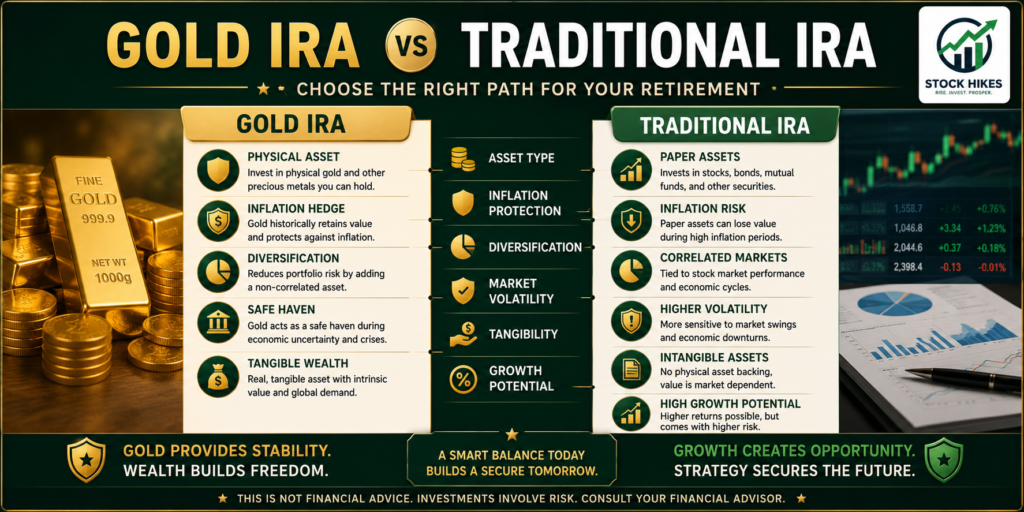 Gold IRA vs Traditional IRA comparison infographic showing differences between physical gold investments and traditional paper assets, including inflation protection, diversification, market volatility, and growth potential