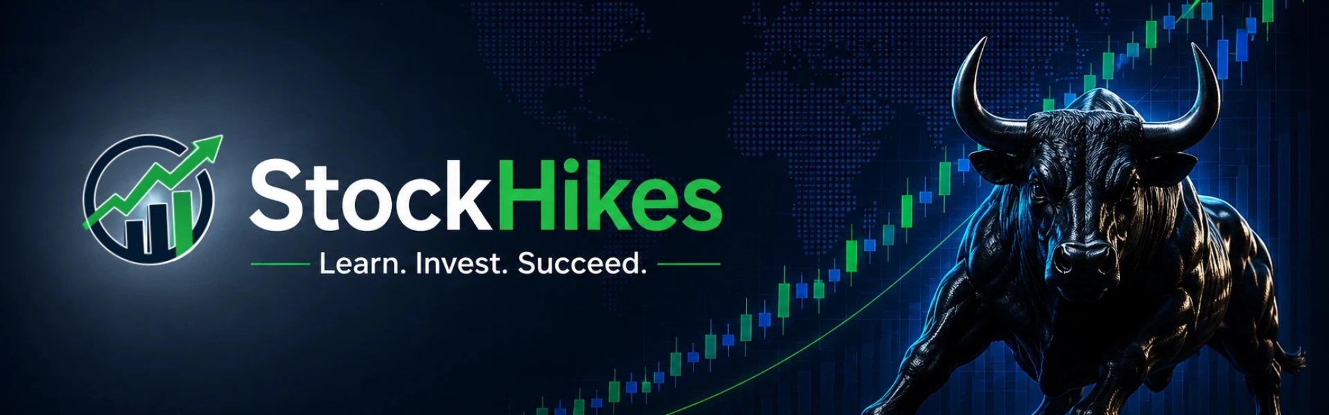 StockHikes homepage hero banner featuring a bullish stock market illustration with growth chart and investing branding