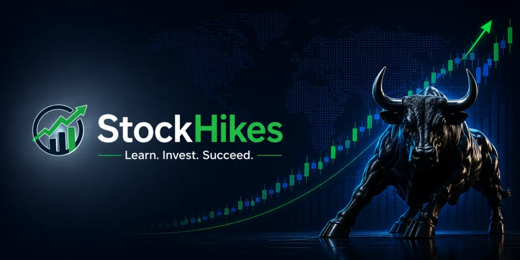 StockHikes – Learn. Invest. Succeed. StockHikes homepage hero banner featuring a bullish stock market illustration with growth chart and investing branding